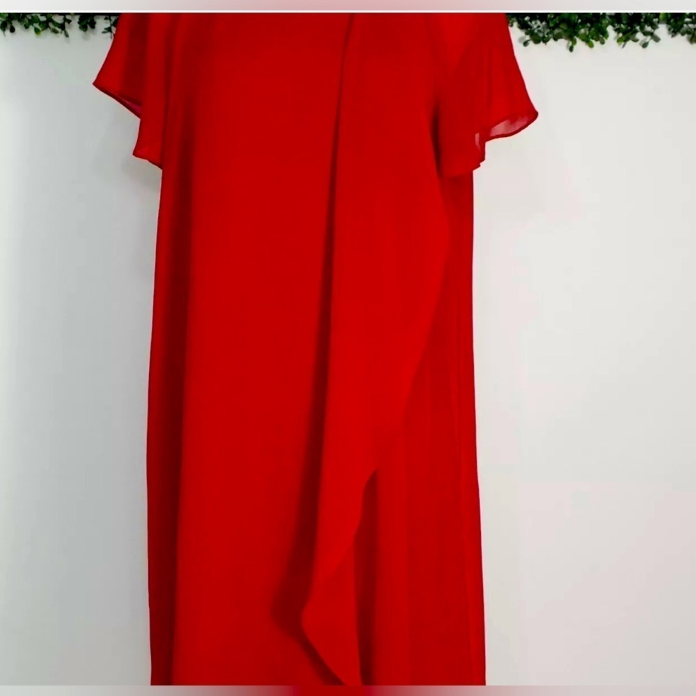 Adrianna Papell Red Chiffon Ruffle-Front Shift Dress Size Medium